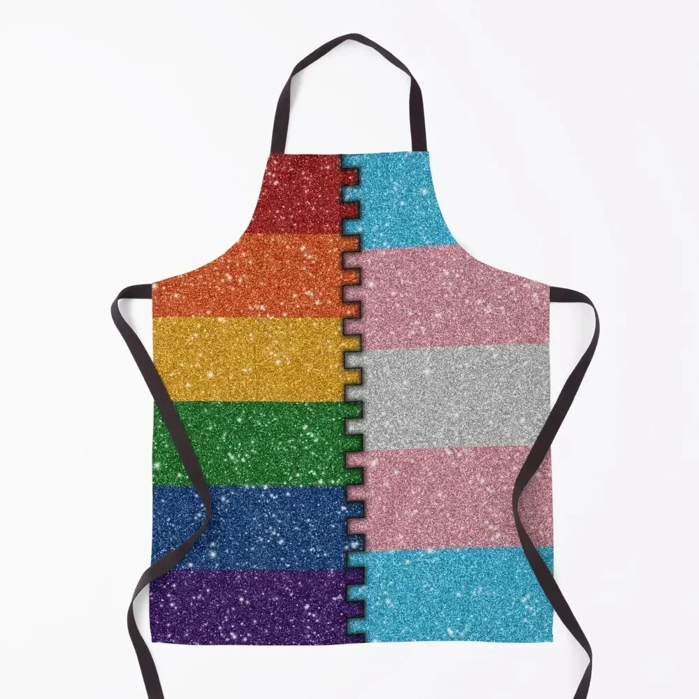

Faux Glitter LGBTQ Rainbow and Transgender Pride Merge Flag Background Apron For Cosmetologist Barber Custom For Kitchen Apron