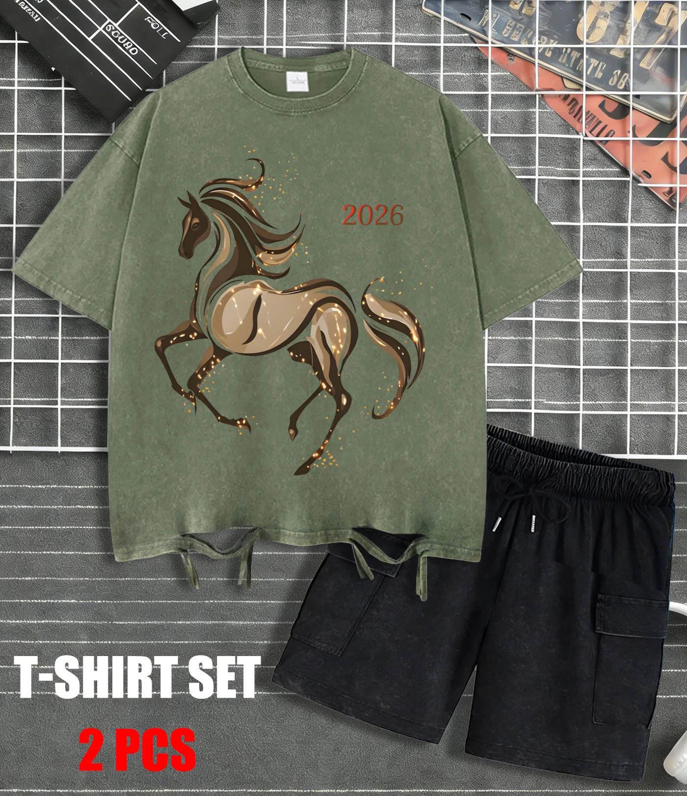 

Lucky Year Of The Horse 2026 Printed Washed Men T Shirts Summer Soft T-Shirt O-Neck Cotton Clothing Unisex Fashion Streetsuit
