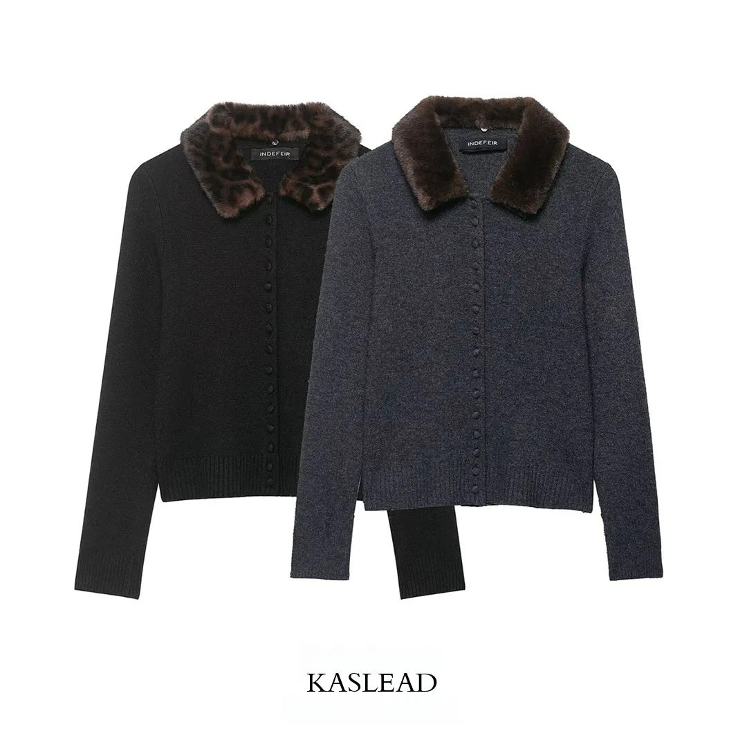 KASLEAD New Women's Knitted Coat Artificial Fur Collar Long Sleeve Polyester Fiber Button Front Open Cardigan Style Autumn 2025