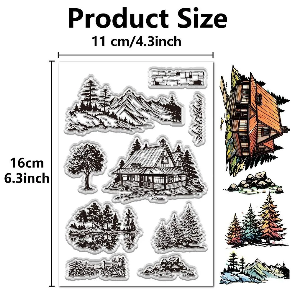 Clear Stamps for Journal Card Making Mountain Tree House Forest Pattern Rubber Reusable Embossing Photo Craft Decor Supplies