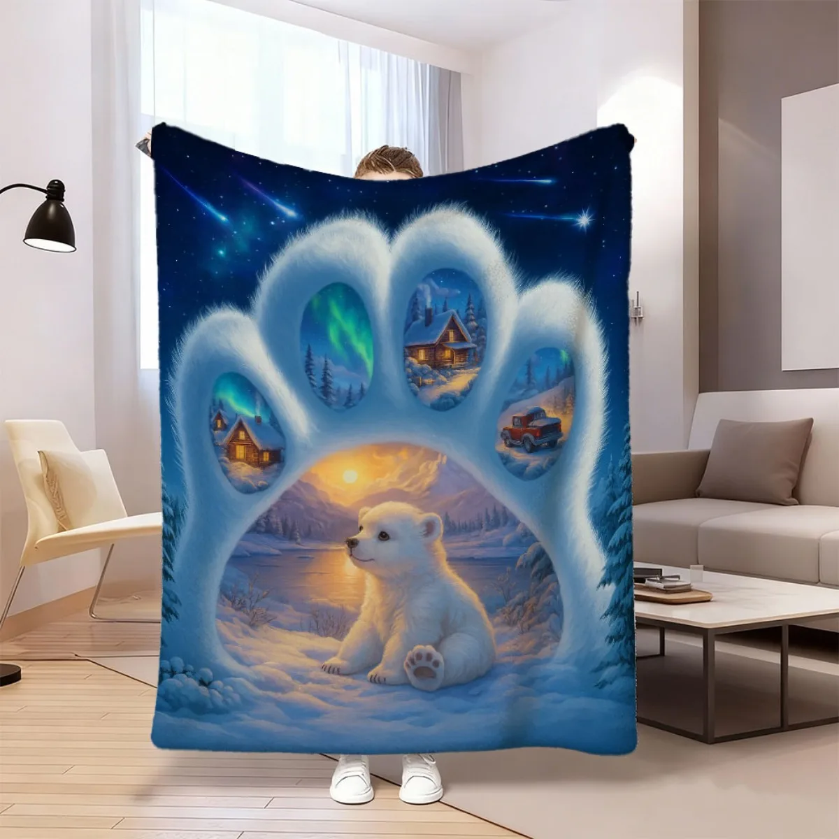 Cute Bear Cub Snow Blanket Soft Plush Aurora Borealis Throw Blanket for Bed Couch Sofa Luxury Air Conditioning Nap Quilt