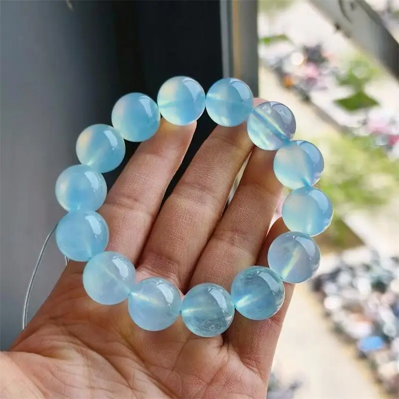 15MM Natural Aquamarine Bracelet Fashion Crystal Quartz Gemstone Jewelry Reiki Healing Gift For Women 1pcs