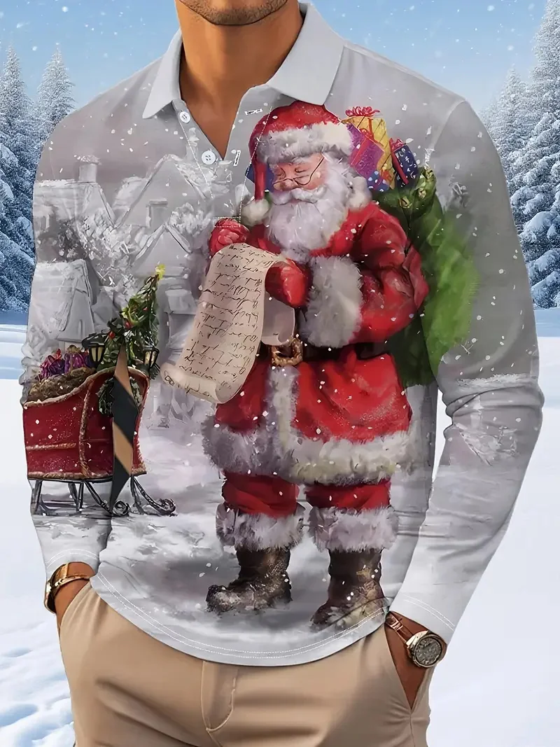 

3D Print Christmas Theme Long Sleeve Polo Shirt Fashion Loose Casual Button Lapel Top Men's Autumn Winter Outdoor Party Pullover