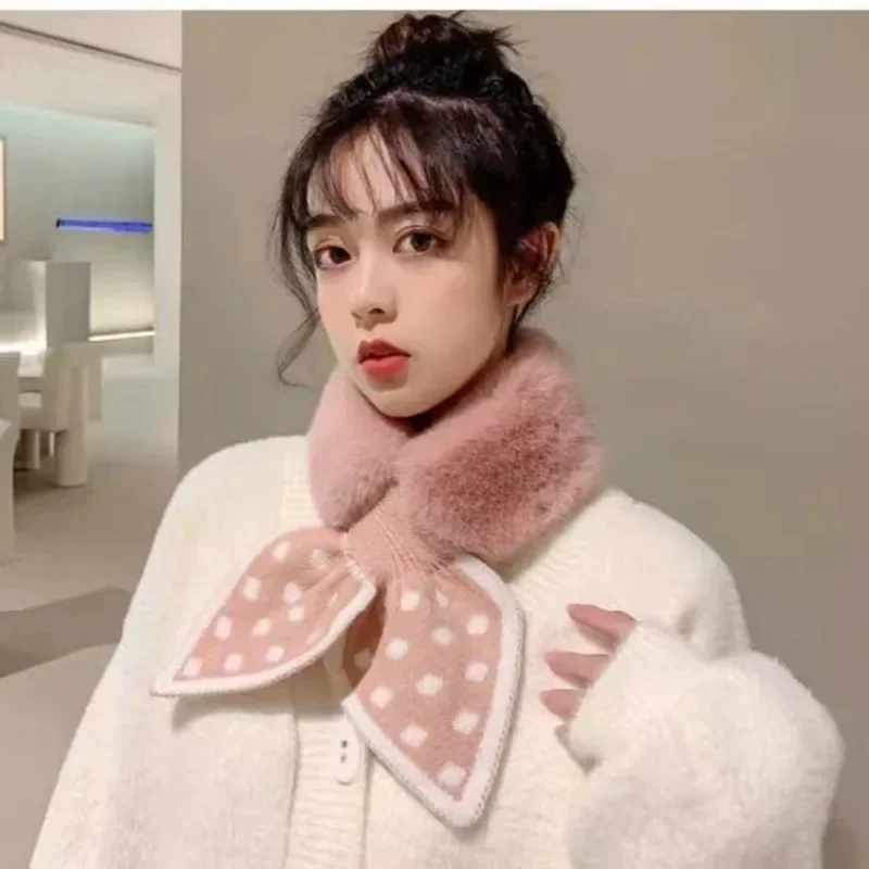 

Шарф в Корейском стиле, осень-зима, однотонный плюшевый шарф унисекс, теплая защита шеи, имитация меха кролика рекс, шарф с крестом, воротник, женский