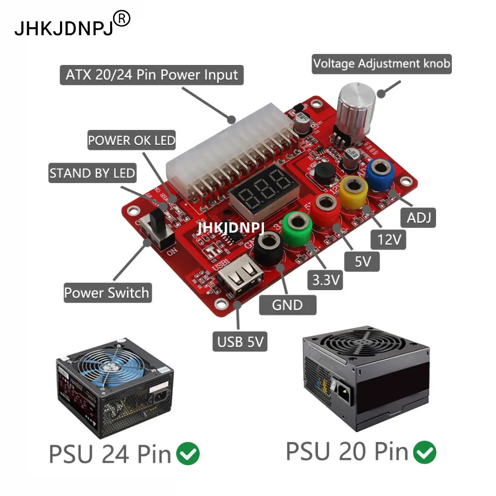 ATX Power Supply Breakout Board and Acrylic Case Kit with ADJ Adjustable Voltage Knob, Supports 3.3V, 5V, 12V and 1.8V-10.8V (AD