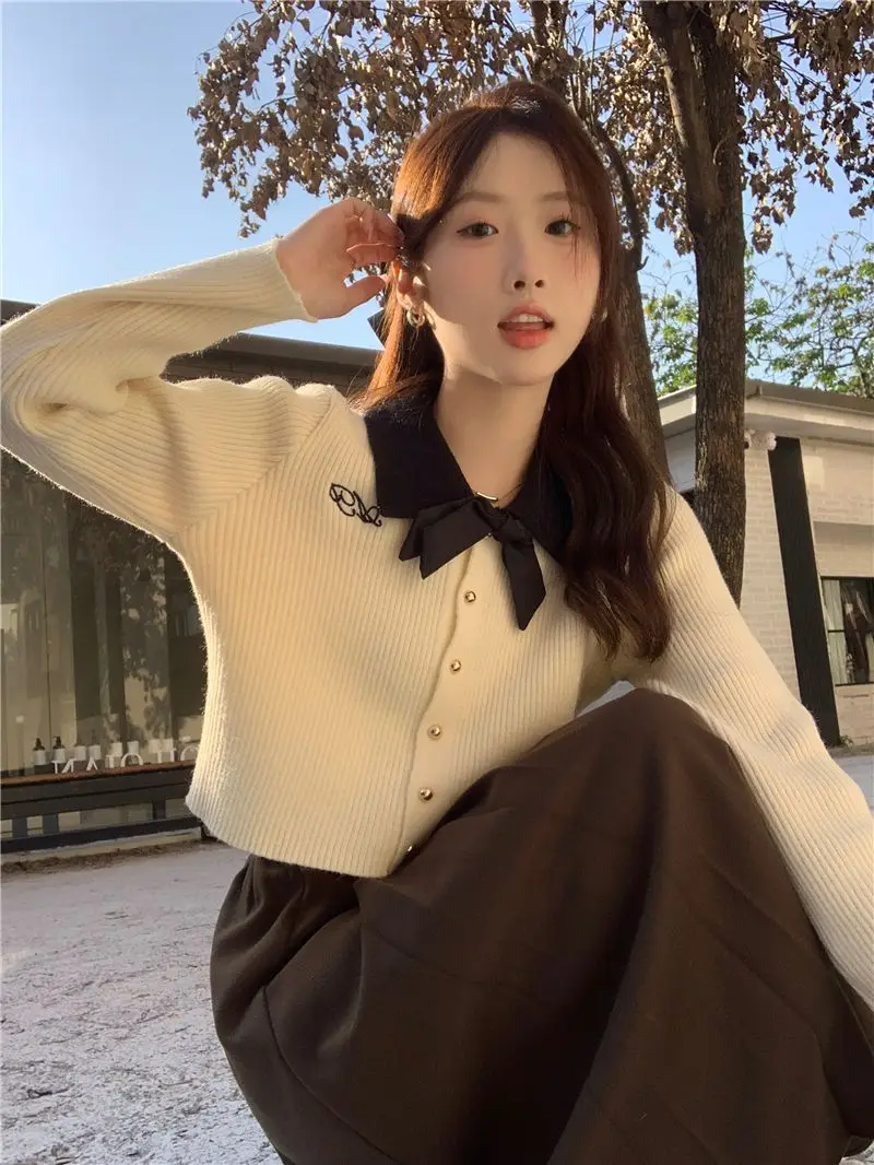 

Женский вязаный кардиган-свитер с воротником-узлом ort Sle Base irt Top на осень-зиму Faionable And Ele