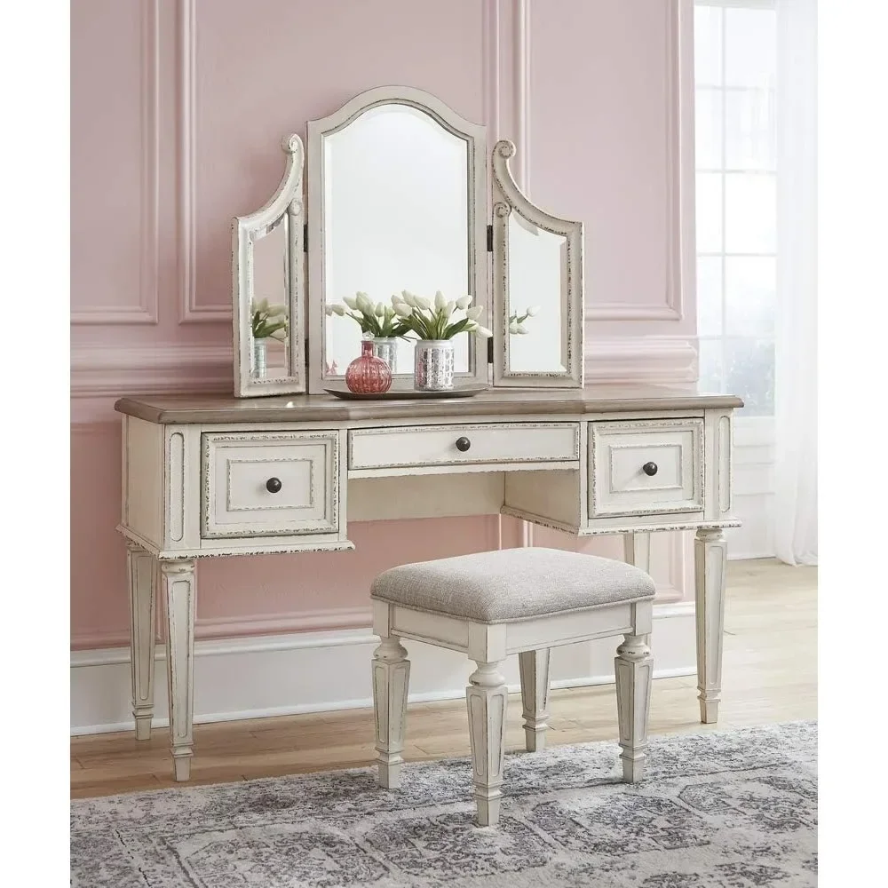 

For 3 Drawer Vanity Set with Dovetail Construction, Mirror & Stool Included, Chipped White,Makeup table
