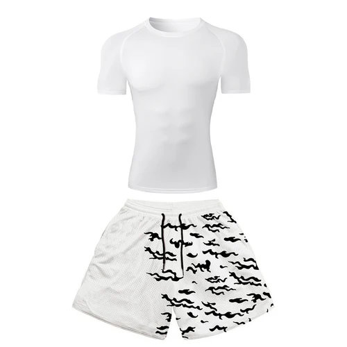 Imagen 2 del producto Ropa Deportiva de compresión para hombre, conjunto de Fitness de secado rápido, camiseta de compresión gótica + pantalones cortos de gimnasio Harajuk 2 en 1, 2 piezas