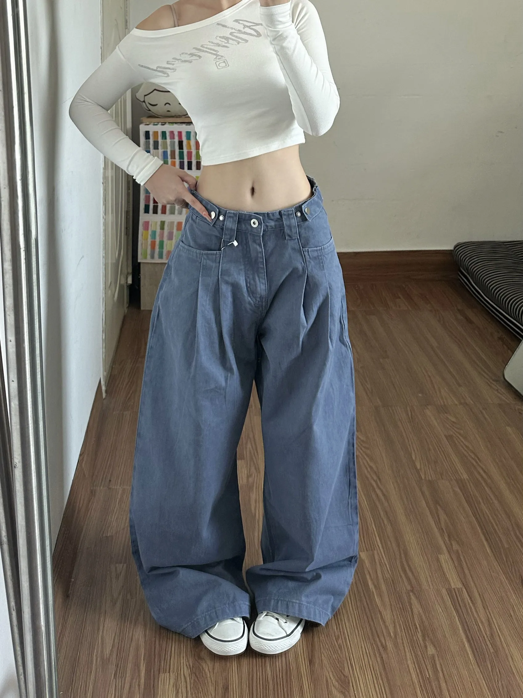 Adjustable Waist Wide Leg Jeans Unisex Casual Straight Leg Trousers Autumn 2026 Fashionable Versatile Men's Loose Fit Denim