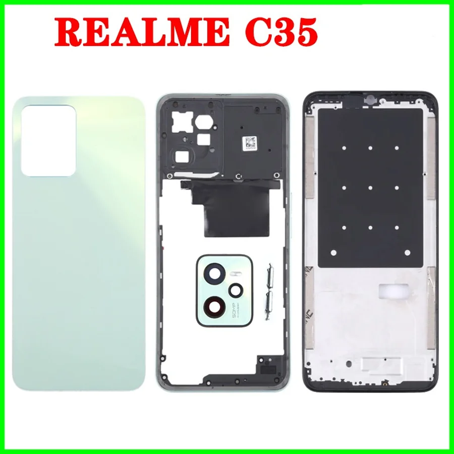 For Realme C35 LCD Front Middle Frame Bezel Set RMX3511 Power Button Battery Back Cover Rear Door Housing