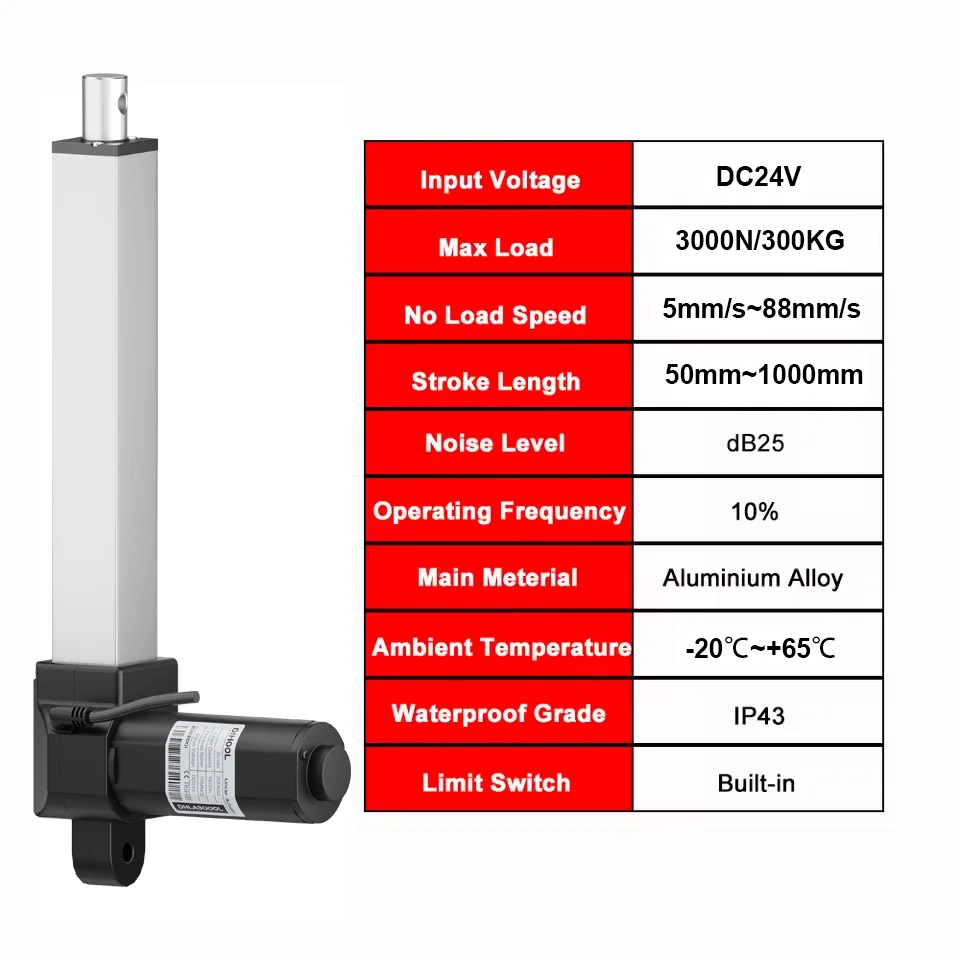 3000N New Type Linear Actuator 24V Electric Lifting Motor 50mm~1000mm Stroke 15kg~300kg Load Adjustable Telescopic Rod 25dB 60W