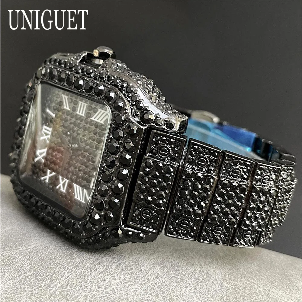 UNIGUET Fashion Iced Watch For Men Lxuxry Stainless Steel Square Quartz Watche Man Hip Hop Black Diamond Wristwatch Reloj Hombre