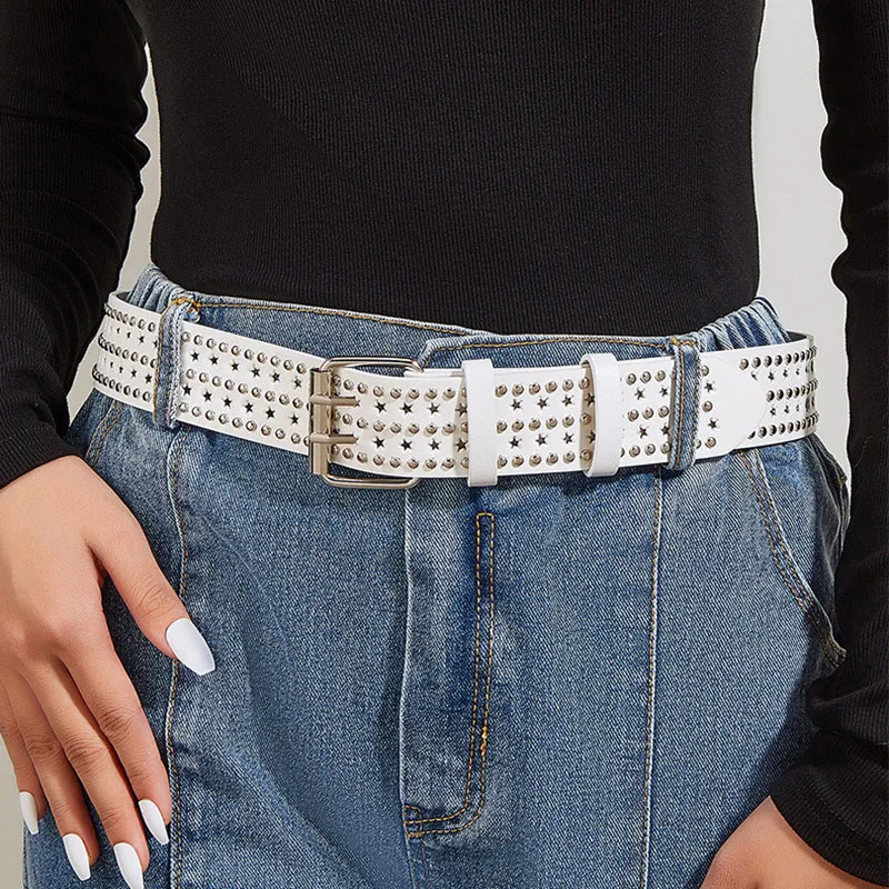 

New Fashion Punk Rivet Star Porous Personality Unisecular Belt High Quality PU Belt Multi-Functional Jeans Skirt Women Waistband