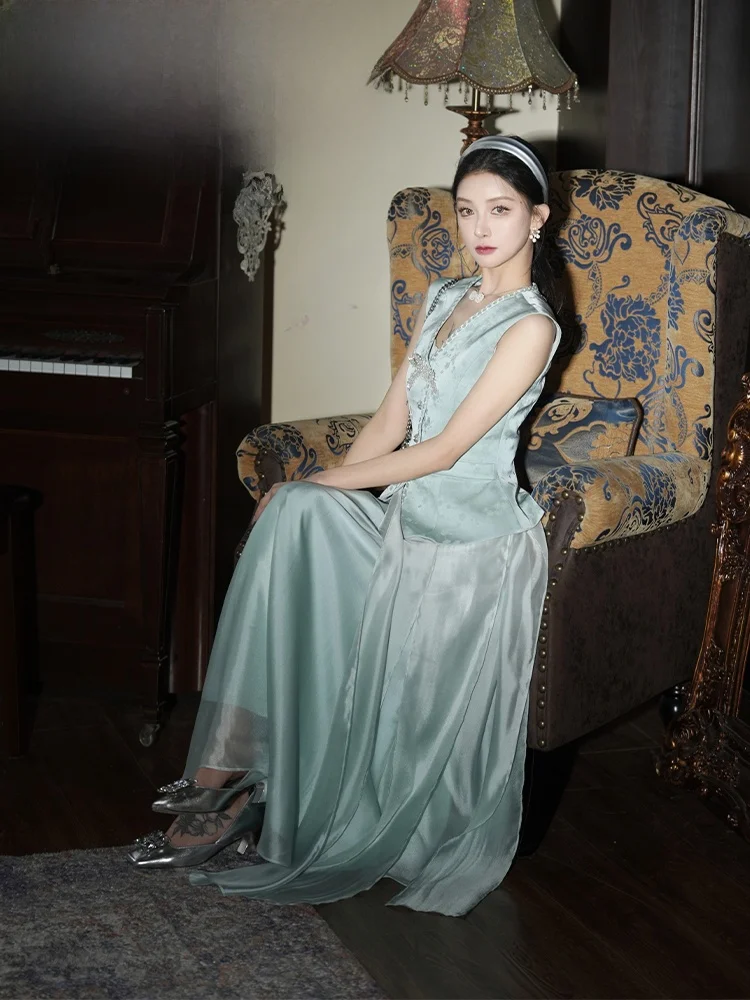

Ele Long Original Pitao Plum Blossom Vest Skirt Set Summer Vintage Luxury Polyester Fiber Ladies Faion Ensemble