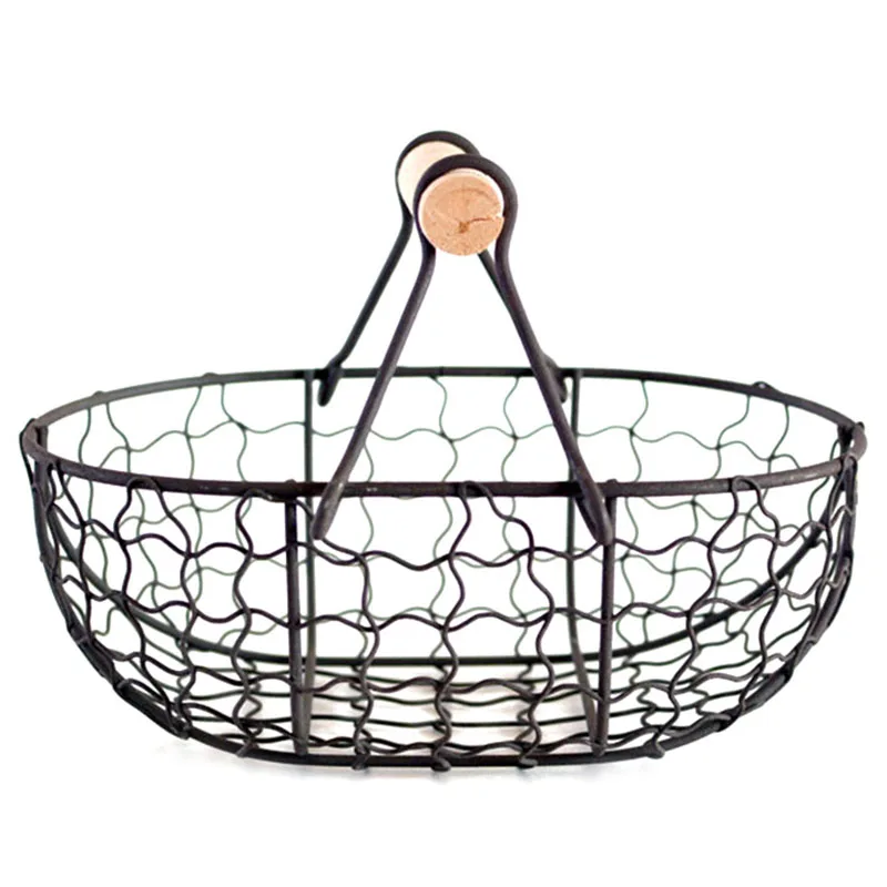 Keranjang penyimpanan praktis, bahan makanan telur buah sayuran Retro logam pegangan kayu putih & hitam 2 buah