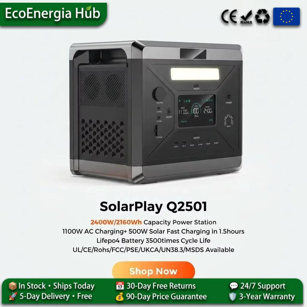 Station d'alimentation portable SolarPlay 2400W 2160Wh avec batterie LiFePO4, générateur solaire, alimentation de secours pour la maison, camping, camping-car, extérieur, hors réseau