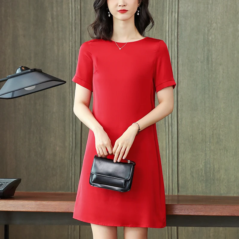 

2024 Summer Women's Red Black Dresses Elegant Fashion O-neck Short Sleeve Solid Dress A-line Real Silk Casual Woman Mini Dress