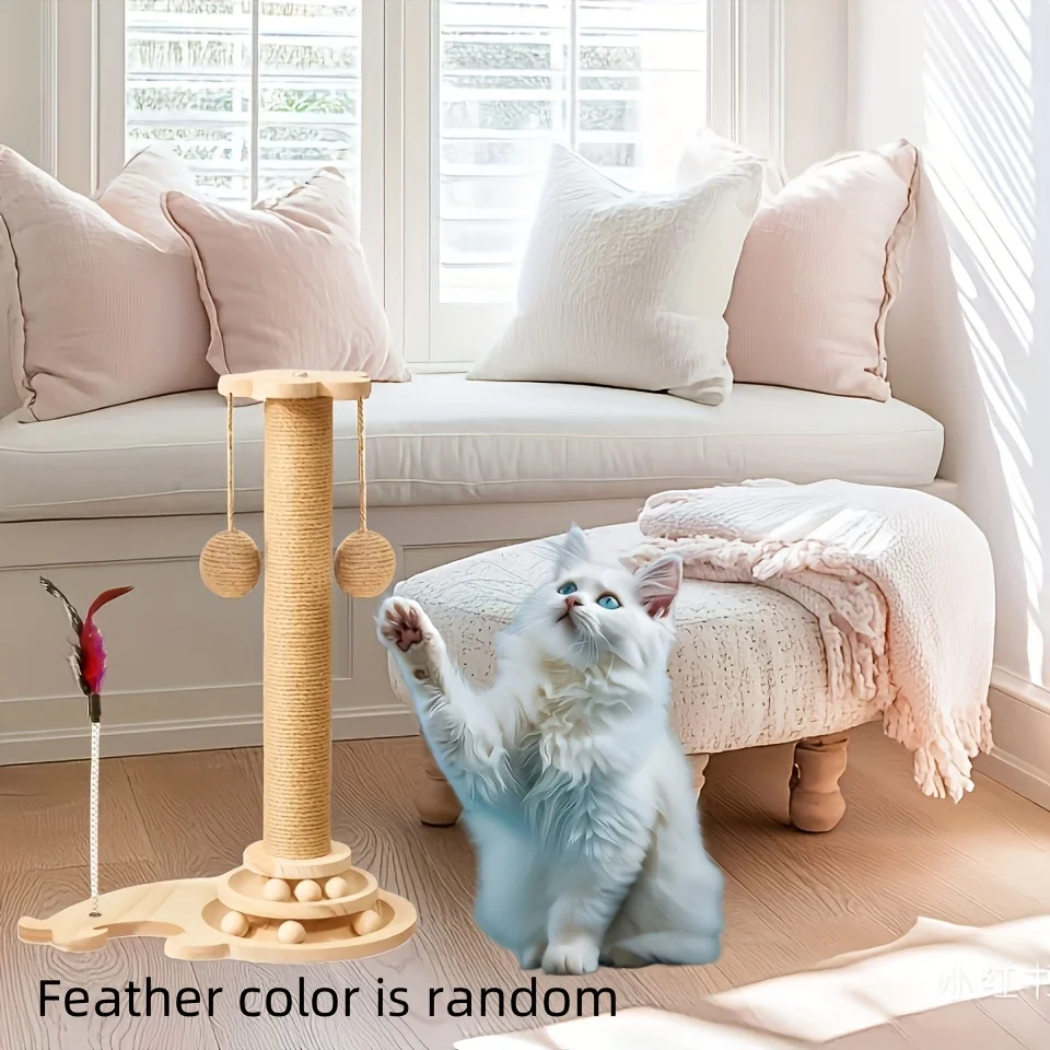 

20''Tall Cat Scratching Post, Curved Design Cat Scratcher Post with 2 Interactive Balls, Natural Sisal Rope Cat Scratching Post