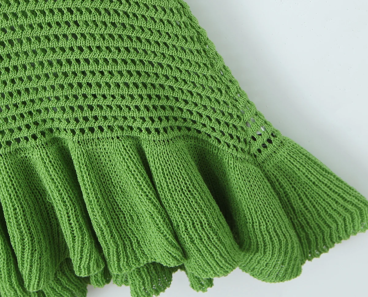 Vacaciones cuello en V profundo ahueca hacia fuera el agujero entrepierna vestido de punto con tirantes mujeres verdes orejas de madera dobladillo con volantes Mini Vestidos bata de mujer amarillo