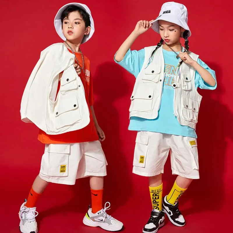 Summer Shorts for Girls Boys Jazz Dance Costume Clothes Kids Cool Hip Hop Clothing Sleeveless Jacket Vest Oversized T Shirt Tops