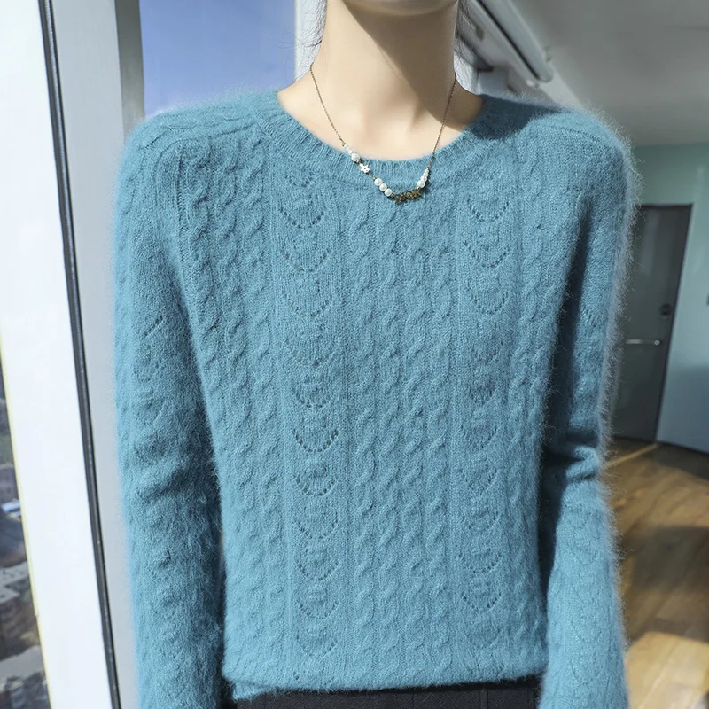 Maglione lavorato a maglia in cashmere di visone puro al 100% da donna girocollo pullover addensato cavo moda camicetta a maniche lunghe allentata di grandi dimensioni