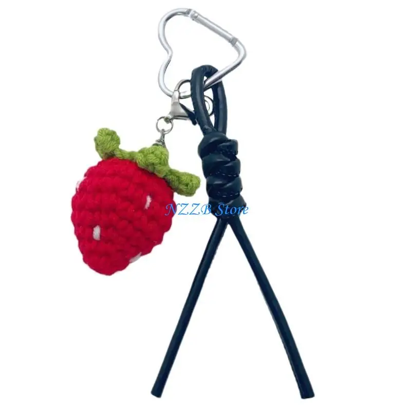 

T21F Woven Strawberry and Leather Strap Keychain Fashionable Key Holder Bag Pendant
