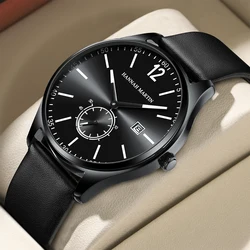 Hannah Martin Brand Men's Watch 42mm Silver Black Business Style Timing Small Dial Fashion Sports Leather Casual Men Wrist Watch