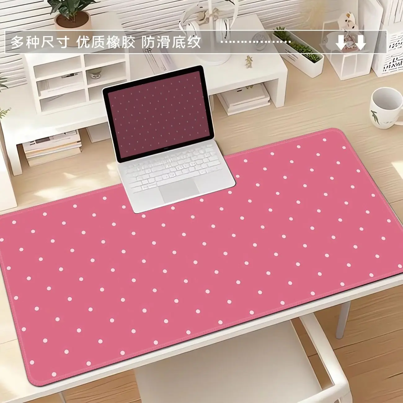 Leather Desk Pad Protector Pink Polka Dots Y2K Kawaii Mouse Pad Office Desk Mat Waterproof Oilproof Non-Slip PU Desk Blotter Pad