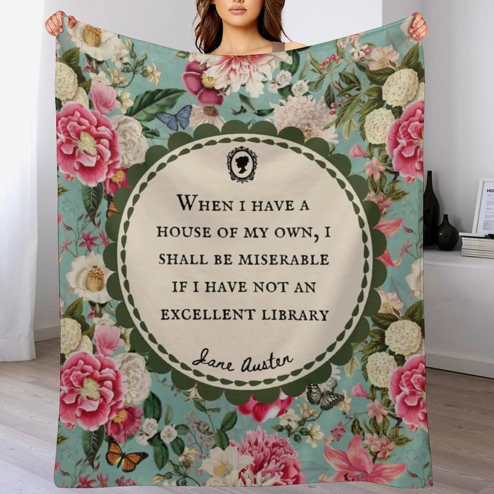 Jane Austen Library Quote, Literary, Bookish, Book Lover, Vintage Floral Flowers Throw Blanket Beautifuls Plush manga Blankets