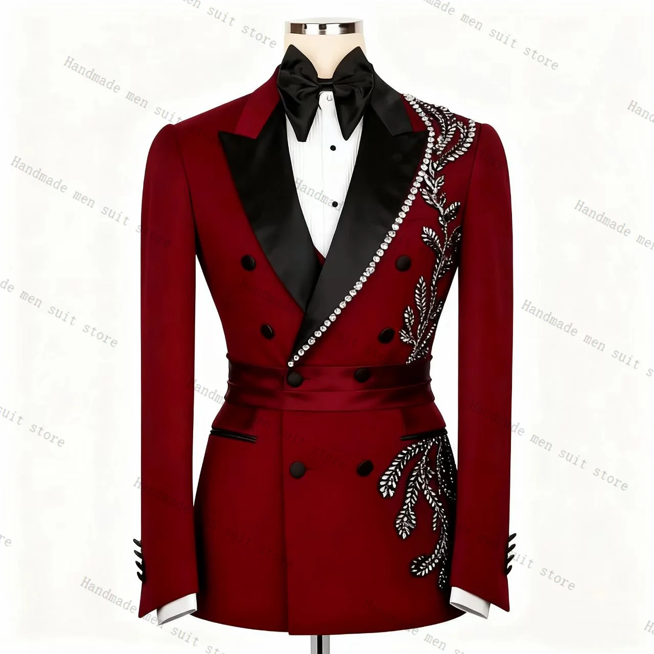 

Dark Red Crystals Men Suit Set 2 Piece Belted Blazer+Cotton Pants Wedding Tuxedos Coat Customized Formal Office Business Jacket