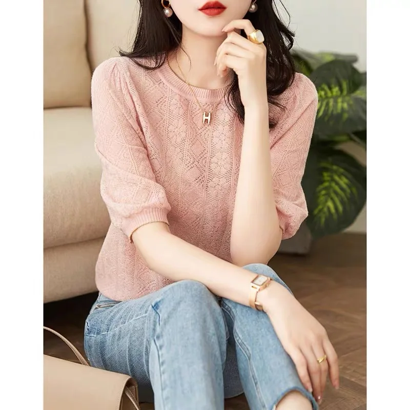 Women's 2024 Summer Pullover Round Neck New Hollow Fashion Solid Color Loose Versatile Style Half Sleeve Knitted Casual Tops