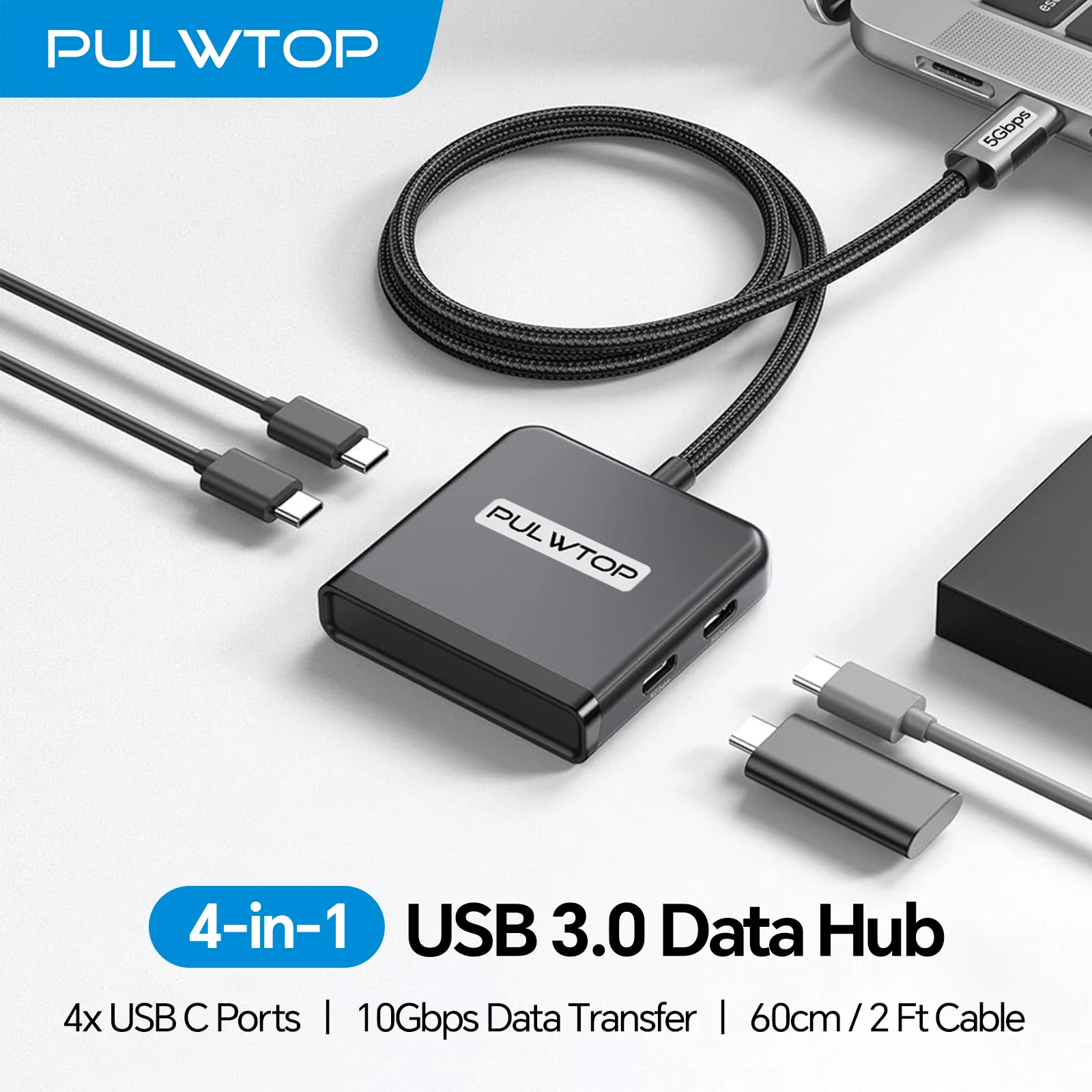 

PULWTOP 4 Port USB C Hub, USB Hub, Multiport Adapter with 5Gbps Ports for MacBook, Chromebook, XPS(Not Support Monitor)