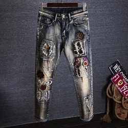 Trousers Torn Men's Jeans Embroidery Man Cowboy Pants with Holes Graphic Broken Ripped Cropped Retro Luxury Plus Size Cheap Goth