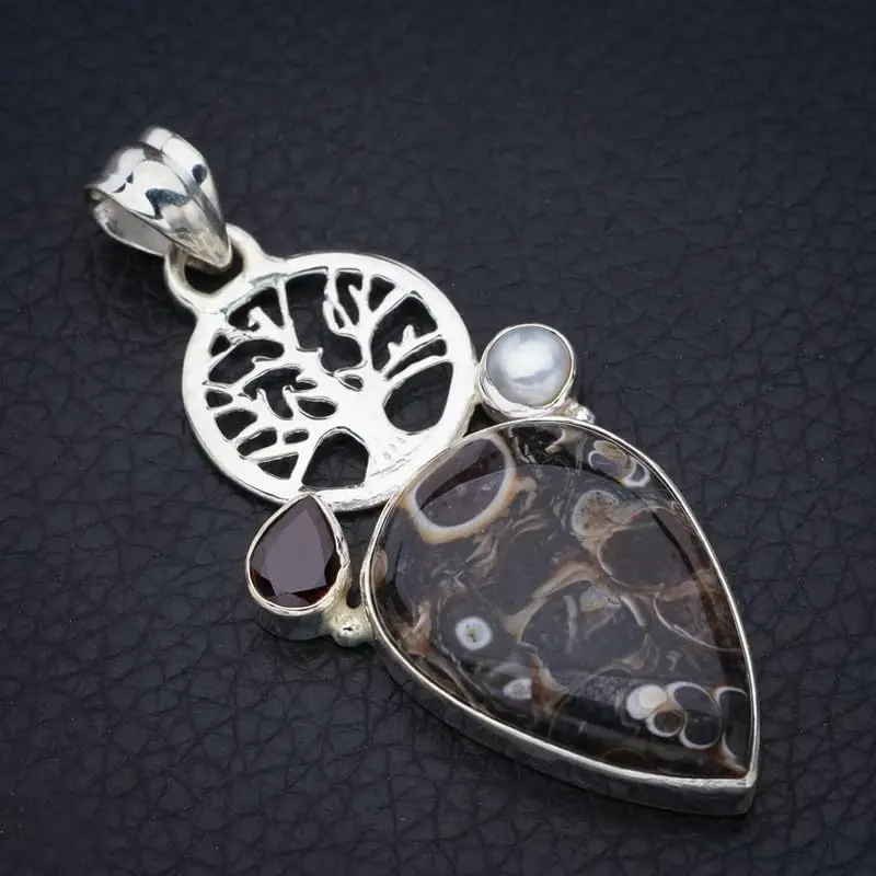 StarGems® Natural Turritella Garnet And River Pearl TreeHandmade 925 Sterling Silver Pendant 2.25