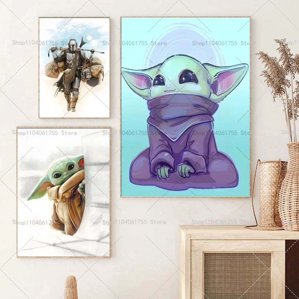 1PC TV Play The Mandalorian Baby Yoda Cartoon Poster Self-adhesive Art Waterproof Paper Sticker Coffee House Bar Room Wall Decor