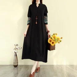 Spring And Summer Plus Size Women's Dress Ethnic Style Cotton Linen Loose Dress Long Temperament Embroidered Short Sleeve Dress