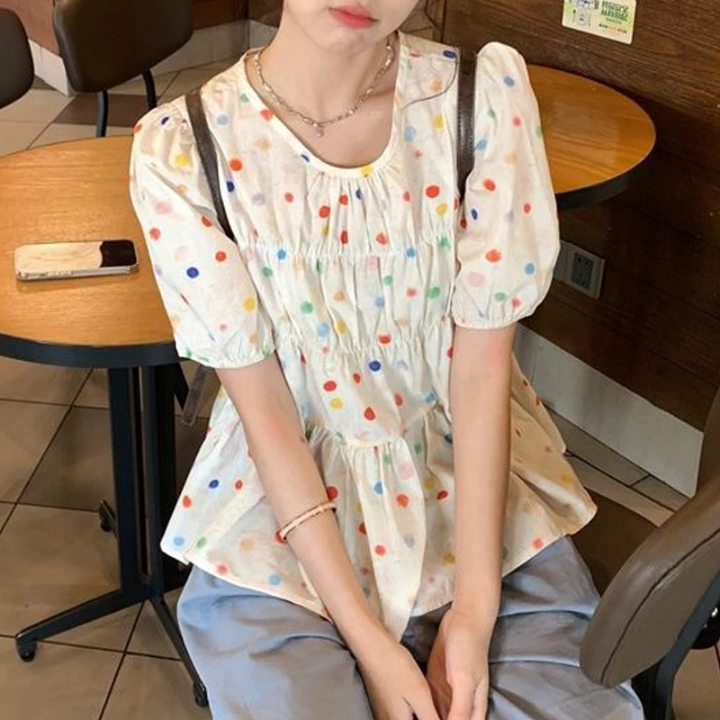 Women Korean Fashion Colored Polka Dot Print Sweet Blouses 2024 Summer Casual Kawaii Short Sleeve Shirts Chic O Neck Loose Tops