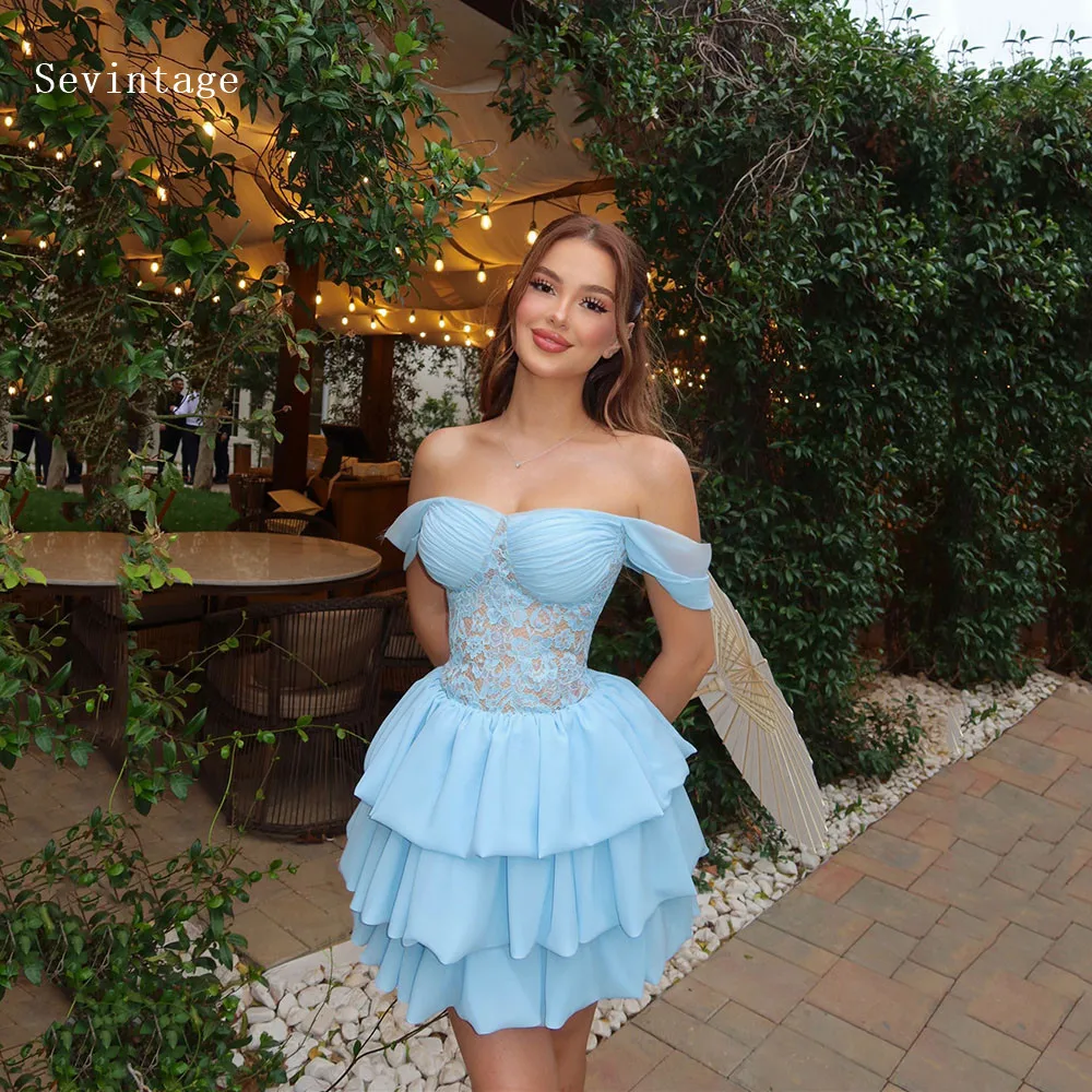 Sevintage Short Chiffon Prom Dress Sky Blue Off The Shoulder Evening Party Gowns Mini Evening Gowns Customized