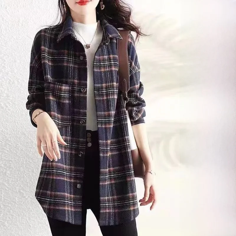 

plus Size Pure Cotton Plaid irt New Sle Korean Loose Slimming Outerwear Long Sve Collar Button Plaid irt