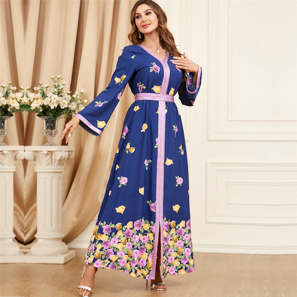 

2024 Ramadan Eid Morocco Evening Dress Elegant Floral Print Women Muslim Abaya Dubai Abayas Belted Kaftan Party Dresses Vestidos