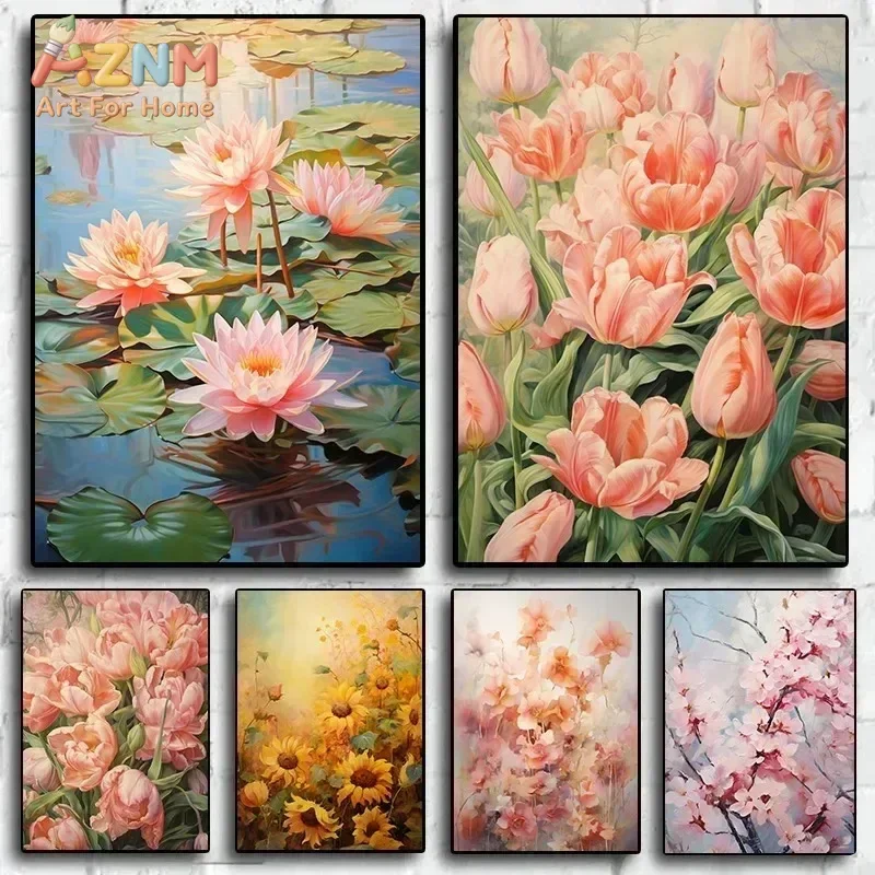 AZNM Oil Painting Style Flower Canvas Wall Art Lotus Tulip Sunflower Cherry Blossom Floral Picture Unframed Canvas Home Decor Pa
