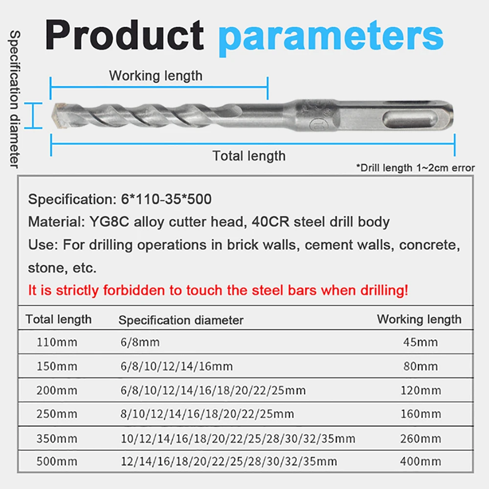 6-35mm YG8C Alloy Masonry Drill Bit  Length 110-500mm For SDS Plus Hammer Drill For Concrete Stone Brick Walls Drilling Tools