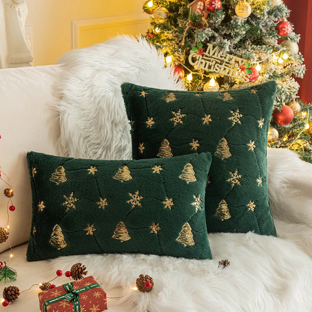 1PC Christmas Tree Cushion Cover for Sofas Bedroom Golden Sequin Embroidered Plush Pillowcase Festive Decoration