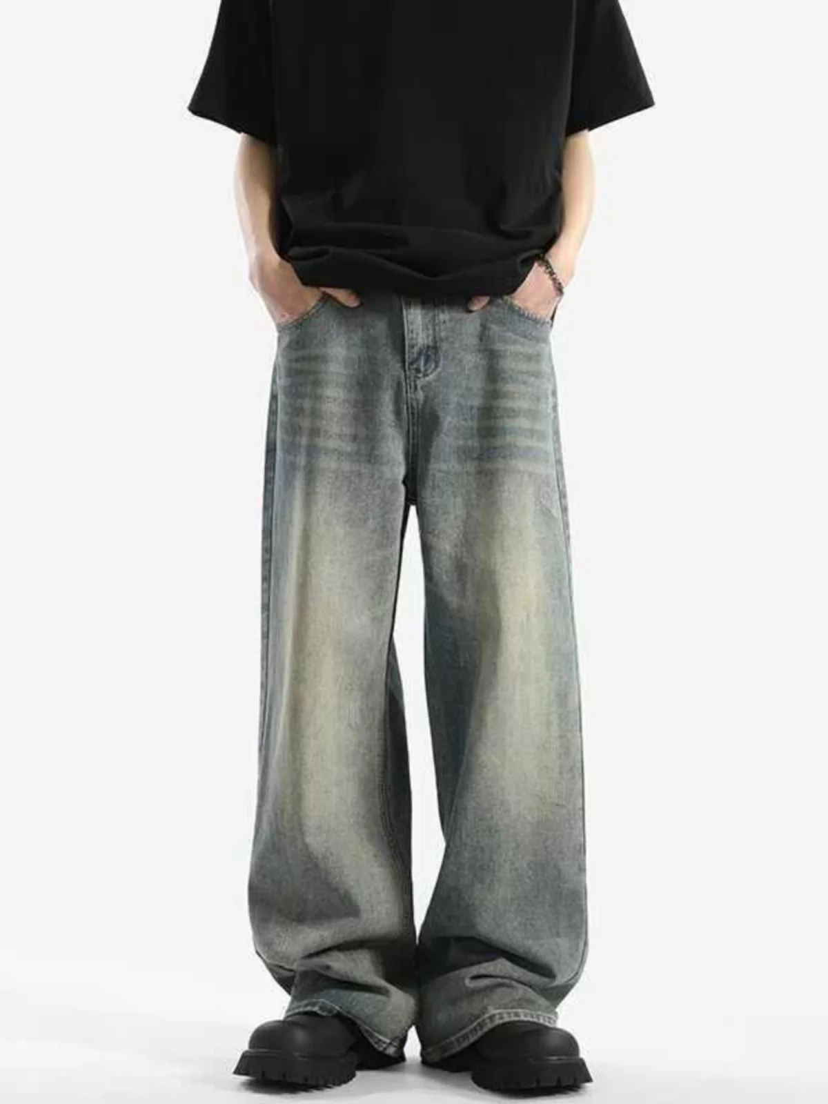 American Sle Retro Waed Men's Denim Pants Spring Autumn New Trendy Brand Casual Loose Long Trousers for Teenagers