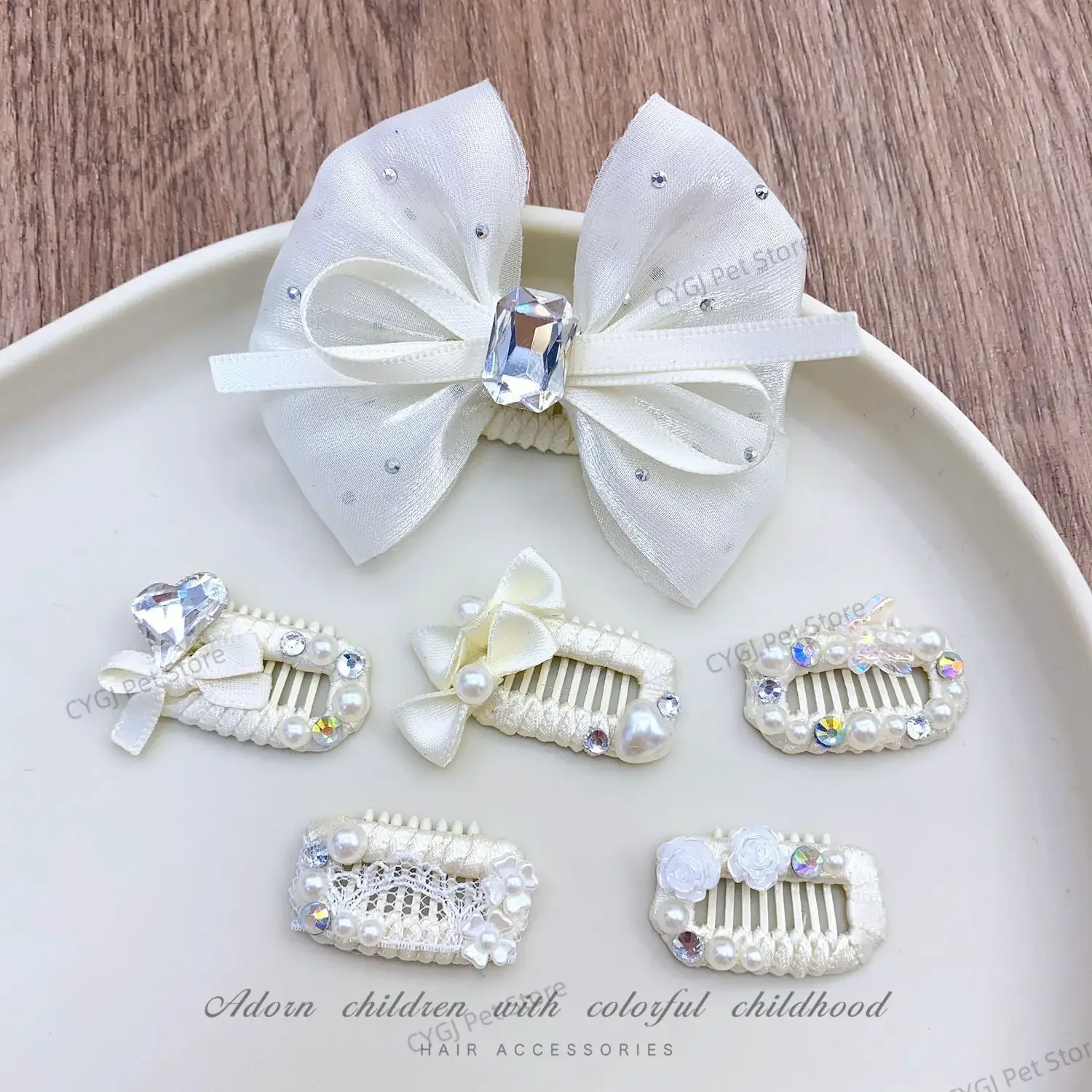 Cute Pet BB Clip Beige Bright Diamond Pet Hair Accessories Handmade Bow Hair Clip for Yorkshire Bichon Teddy Dog Accessories