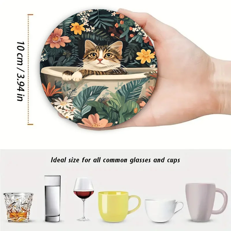 4 Cat-Printed Coasters, Suitable for Daily Family Gathering Decoration, Offices, Anti-Slip Wooden Coasters, and Festival Gifts