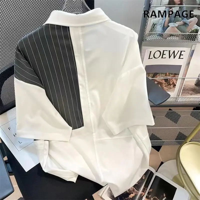 

French Vintage Casual Fashion Men's Clothing Summer New Loose Short Sleeve Lapel Spliced Label Striped Printed Handsome Shirt