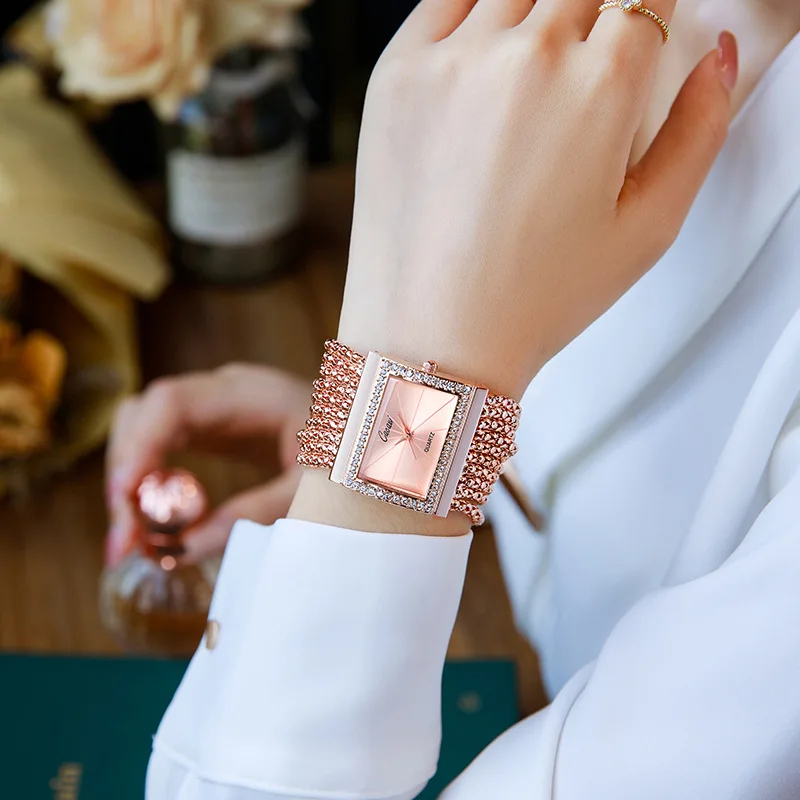 Relojes de pulsera con diamantes de imitación para mujer, pulsera femenina de marca de lujo, de oro