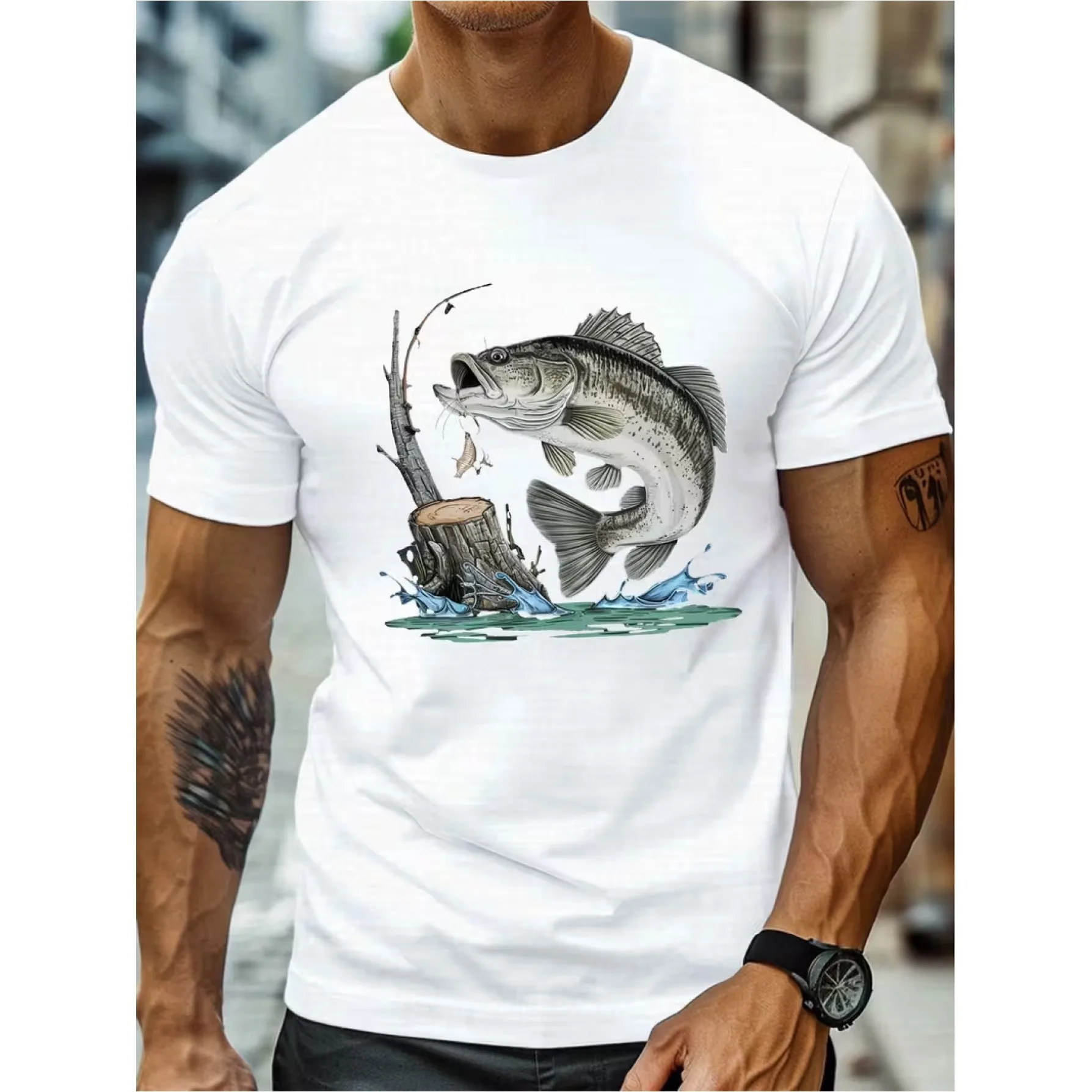 Largemouth Fish Jumping Fishing Graphic Tee Men's Casual Breathable Short Sleeve Crew Neck T-shirt