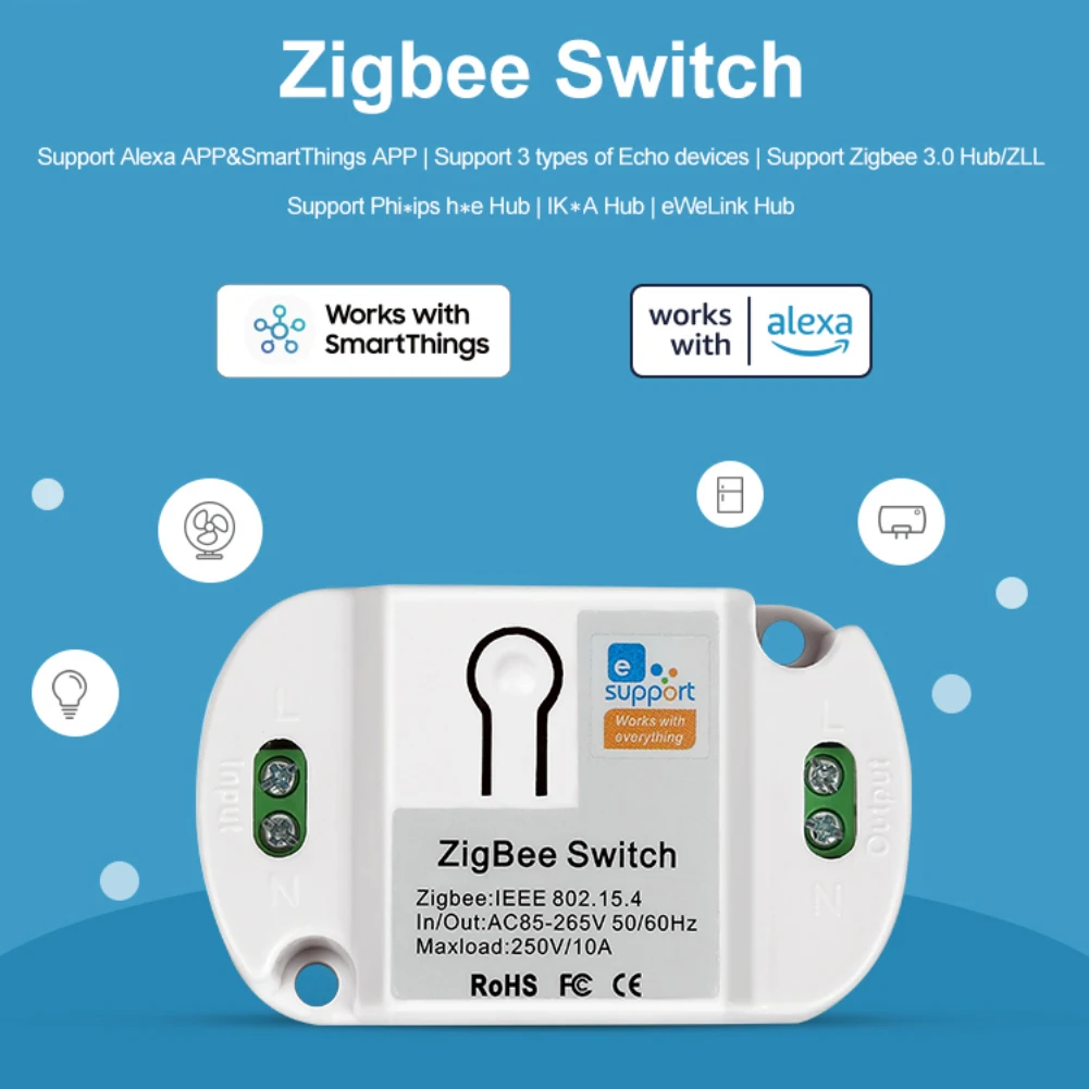 10A Zigbee Smart Switch Module 200W AC85-265V SmartThings APP Voice Remote Control Supported Compatible With Alexa